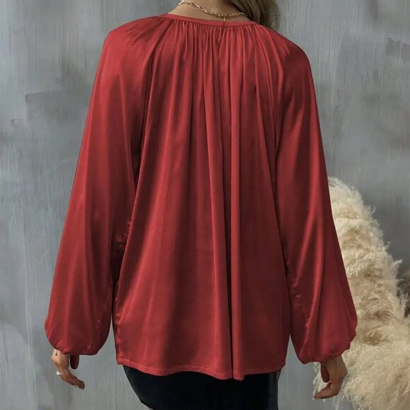 Red Casual Women's Lantern Sleeve Elegant Tie-Front Pleated Blouse - Picture 5 of 5